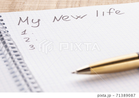 Top view workplace notebook and pen on wood table background, retro effect. The inscription is my new life. The concept of updating and changing people 71389087