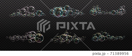 Bath foam soap with neon bubbles isolated vector illustration on transparent background. Colorful cloud of blowing bubbles and soapy foam. Set of cloud. 71389956