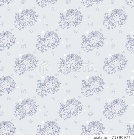 Seamless pattern. A cute baby in pajamas sleeps sweetly on a pillow. Vector decorative illustration on a light gray background with hearts and toys. line, outline Seamless pattern. A cute baby in pajamas sleeps sweetly on a pillow. Vector decorative illustration on a light gray background with hearts and toys. line, outline 71390974