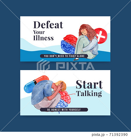 Twitter template with world mental health day concept design for social media and online community watercolor vector illustraion. 71392390