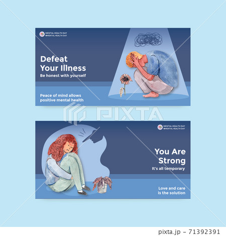 Twitter template with world mental health day concept design for social media and online community watercolor vector illustraion. 71392391