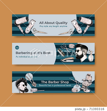 Banner template with barber concept design for advertise watercolor vector illustration. 71393316