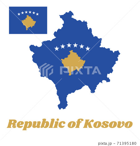 Map outline and flag of Kosovo, with name text Republic of Kosovo. Map outline and flag of Kosovo, with name text Republic of Kosovo. 71395180