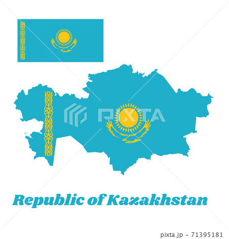 Map outline and flag of Kazakhstan, with text Republic of Kazakhstan. Map outline and flag of Kazakhstan, with text Republic of Kazakhstan. 71395181