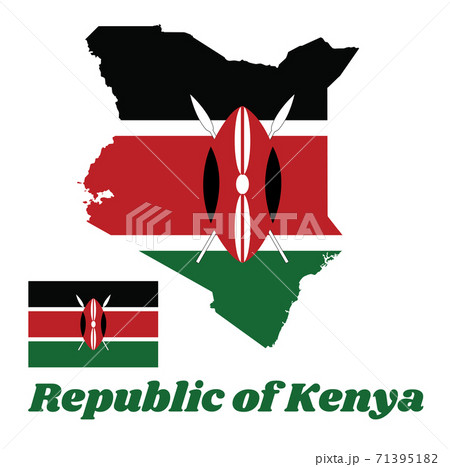 Map outline and flag of Kenya, with name text Republic of Kenya.