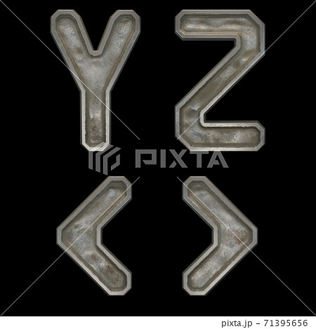 Set of capital letters Y, Z and symbol left, right angle bracket made of industrial metal isolated on black background. 3d 71395656