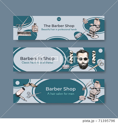 Banner template with barber concept design for advertise watercolor vector illustration. 71395796