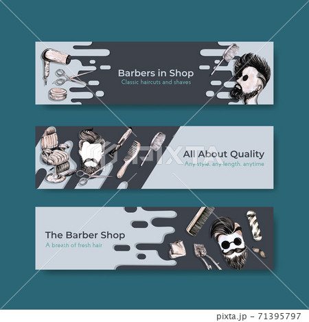 Banner template with barber concept design for advertise watercolor vector illustration. 71395797