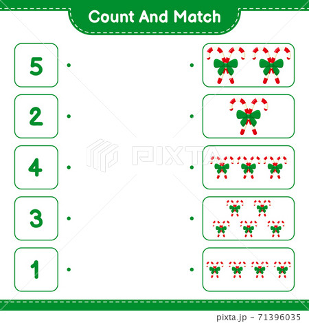 Count and match, count the number of Candy Canes with Ribbon and match with right numbers. Educational children game, printable worksheet, vector illustration Count and match, count the number of Candy Canes with Ribbon and match with right numbers. Educational children game, printable worksheet, vector illustration 71396035