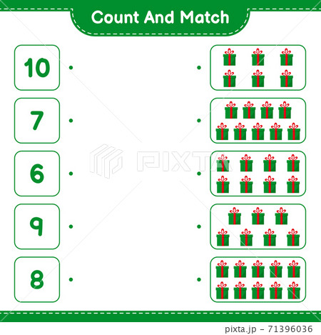 Count and match, count the number of Gift Boxes and match with right numbers. Educational children game, printable worksheet, vector illustration Count and match, count the number of Gift Boxes and match with right numbers. Educational children game, printable worksheet, vector illustration 71396036