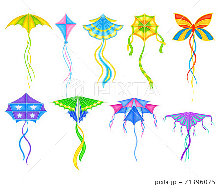 Colorful Kite as Tethered Craft with Wing Surfaces and Tail Vector Set 71396075