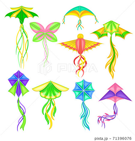 Colorful Kite as Tethered Craft with Wing Surfaces and Tail Vector Set 71396076