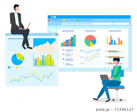 Data analysis teamwork, statistical analytics work with indicators, market research concept Data analysis teamwork, statistical analytics work with indicators, market research concept 71396127