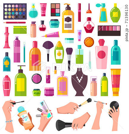 Makeup cosmetic supplies icons vector illustration. Makeup products, face and hair care set 71396130