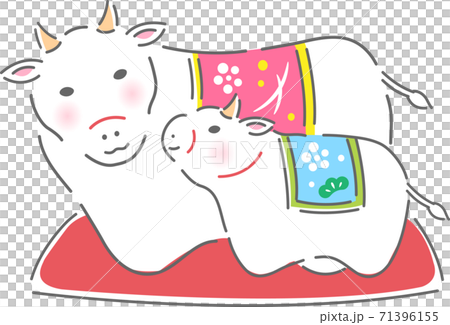 Cow parent and child figurine New Year's card material 71396155