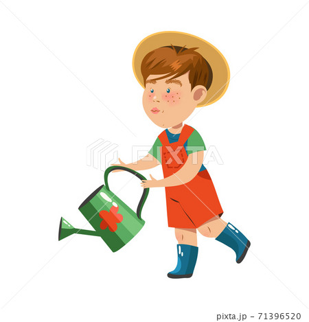 Freckled Boy in Red Shortalls and Wide Brimmed Hat Holding Watering Can Vector Illustration 71396520