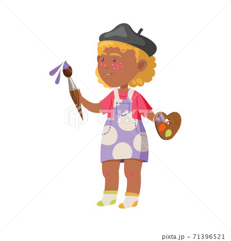 Pretty Girl in Beret Holding Paints and Brush Drawing Vector Illustration 71396521