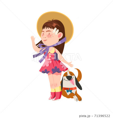 Cute Freckled Girl in Wide Brimmed Hat Walking with the Dog Vector Illustration 71396522