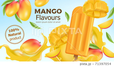 Natural flavoured mango popsicle surrounded by whole and sliced fruit and flowing juice. Place for text. Realistic 3D mockup product placement Natural flavoured mango popsicle surrounded by whole and sliced fruit and flowing juice. Place for text. Realistic 3D mockup product placement 71397054