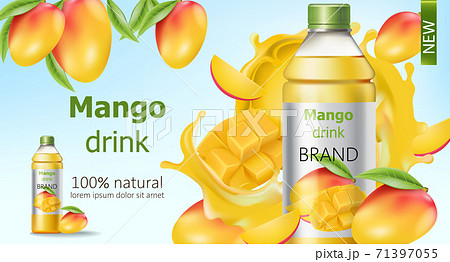 Bottle of natural mango drink surrounded by sliced and whole fruits and flowing juice. Place for text. Realistic 3D mockup product placement 71397055