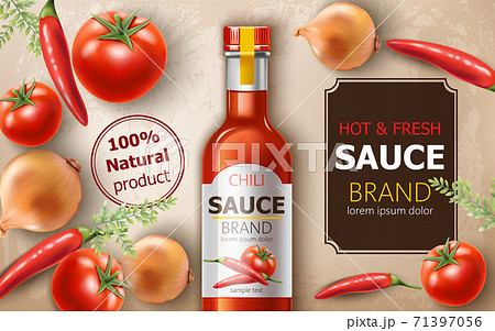 Bottle of fresh and hot natural chili sauce surrounded by tomatoes, onions and chili peppers. Place for text. Realistic 3D mockup product placement Bottle of fresh and hot natural chili sauce surrounded by tomatoes, onions and chili peppers. Place for text. Realistic 3D mockup product placement 71397056