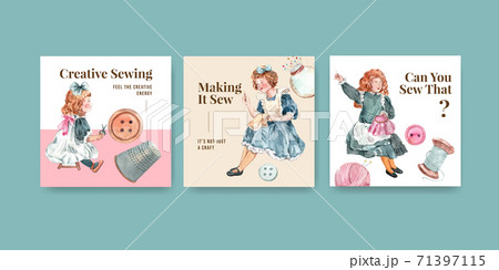 Ads template with sewing concept design for marketing and information watercolor vector illustration. 71397115