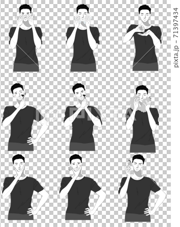 Illustration set of young men doing skin care black and white 71397434