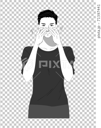 スキンケアする若い男性のイラスト　白黒 71397441