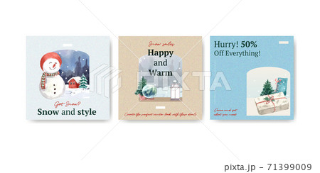 Advertise template with winter sale concept design for ads and marketing watercolor vector illustration 71399009