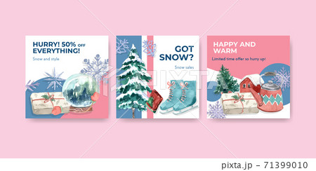 Advertise template with winter sale concept design for ads and marketing watercolor vector illustration 71399010