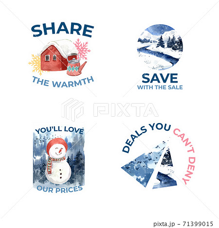 Logo design with winter sale concept for branding,sign,icon and marketing watercolor vector illustration 71399015