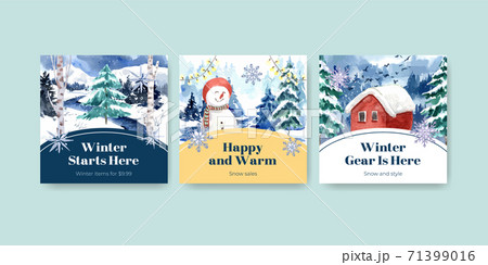 Advertise template with winter sale concept design for ads and marketing watercolor vector illustration 71399016