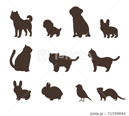 動物のシルエット 犬と猫と兎と鳥とフェレットのイラスト素材