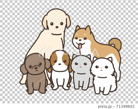 犬と猫の集合 カメラ目線 白背景のイラスト素材