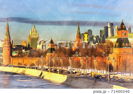 Cityscape with Kremlin and Moskva river colorful painting looks like picture 71400340