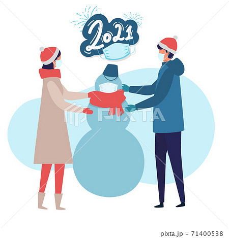 man and woman in Medical mask for prevent virus Covid-19 making snowman on white background. Modern people holiday design for xmas season. Merry Christmas happy new year winter illustration 71400538