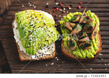 Toast with avocado, cream cheese and mushrooms Toast with avocado, cream cheese and mushrooms 71401951