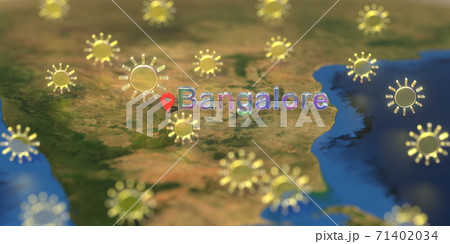 Sunny weather icons near Bangalore city on the map, weather forecast related 3D rendering Sunny weather icons near Bangalore city on the map, weather forecast related 3D rendering 71402034