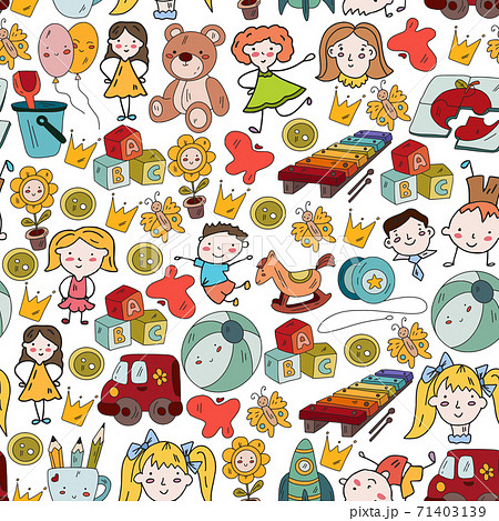 Seamless pattern. Kindergarten and toys. Little children game. Kids playground. Education, creativity, imagination. Seamless pattern. Kindergarten and toys. Little children game. Kids playground. Education, creativity, imagination. 71403139