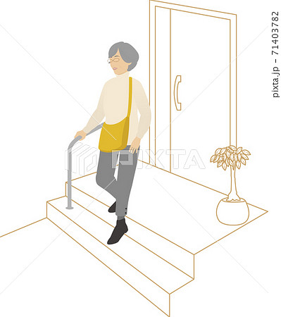 玄関前で手すりを使って階段をおりる女性のイラスト素材