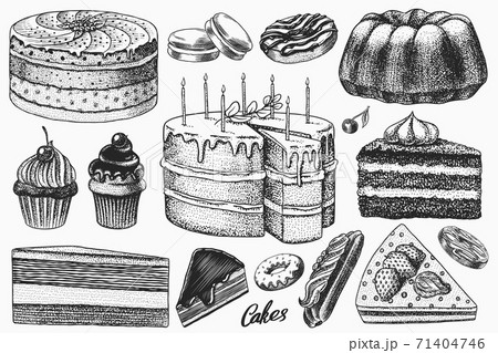 Cakes and cream tarts, fruit desserts and muffins. Chocolate Donuts, Sweet Food. Hand drawn pastries 71404746