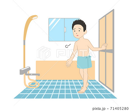 不安な気持ちで浴室に入る 男性 線無し のイラスト素材