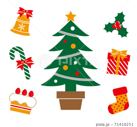 クリスマスツリーとオーナメントのシンプルで可愛いアイコンイラストセット 白背景のイラスト素材