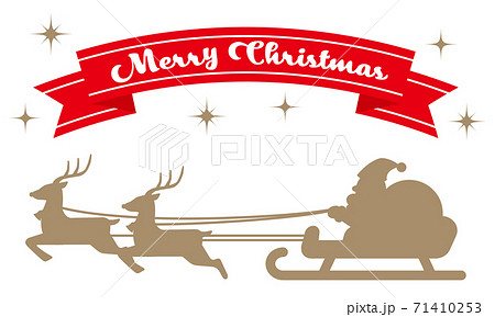 クリスマスの飾り文字とトナカイとサンタのゴールドの影絵イラスト 白背景のイラスト素材
