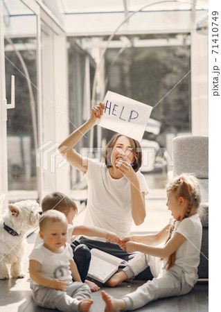 Mother with children stay at home on quarantine Mother with children stay at home on quarantine 71410749