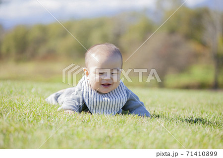 芝生で遊ぶ赤ちゃん 71410899