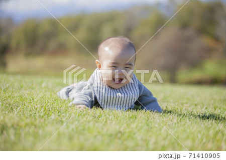 芝生で遊ぶ赤ちゃん 71410905