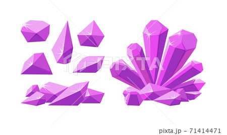 Pink crystal gemstones. Set of ruby crystal prisms and pieces with sparkling facets. Amethyst gems of various shapes. Vector illustration Pink crystal gemstones. Set of ruby crystal prisms and pieces with sparkling facets. Amethyst gems of various shapes. Vector illustration 71414471