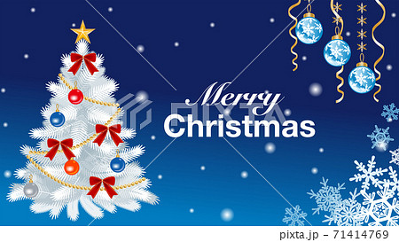 白いクリスマスツリーと装飾 青色背景 テキスト入り Merry Christmas のイラスト素材