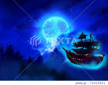闇夜に青く輝く満月のシルエットと海賊船 闇夜に青く輝く満月のシルエットと海賊船 71415031